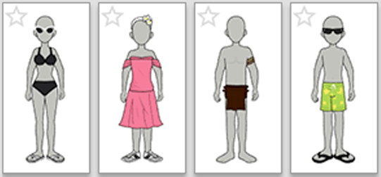 Examples of characters in this category, image shows Character in a bikini, pink dress and bathing suits