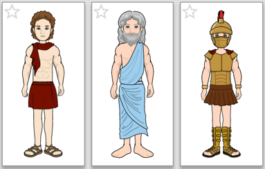 Examples of characters in this category, roman soldier wearing typical Roman armor and greek god Zeus wearing a toga