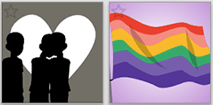 Examples of backgrounds in this category, two character silhouettes embracing and a rainbow flag.