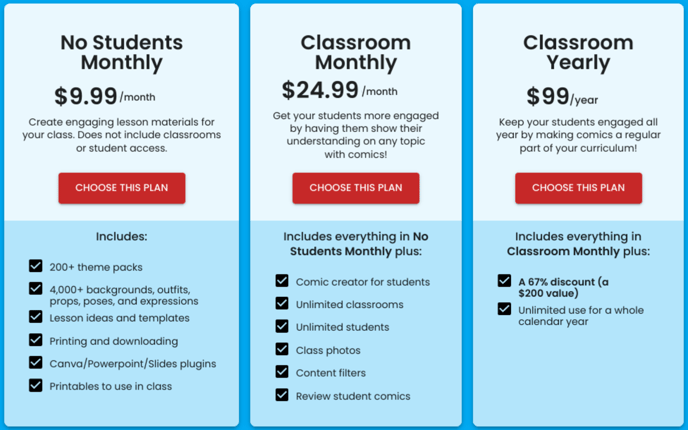 Screenshot shows all three Educator account subscription options, No Students Monthly, Classroom Monthly and Classroom Yearly.