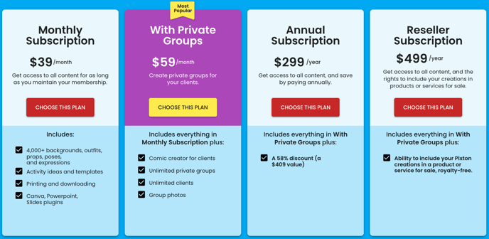 Screenshot shows all of the business account subscription options. Monthly Subscription, With Private Groups Subscription, Annual Subscription, and Reseller Subscription.