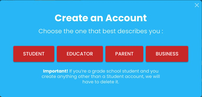 Screenshot showing the account types: Student, Educator, Parent, Business.