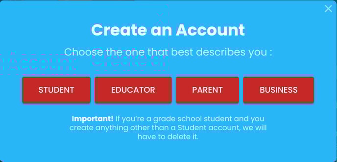 Screenshot showing the account types: Student, Educator, Parent, Business.