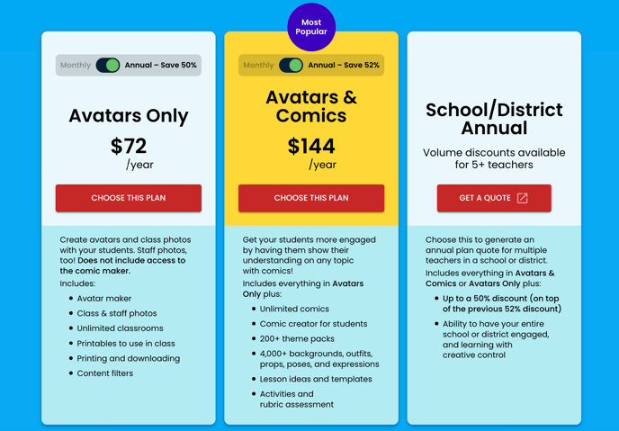 Screenshot showing pricing for Educator account subscriptions.