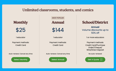 Screenshot showing Upgrade subscription options, Monthly subscription priced at $25 per month, Annual subscription priced at $144 per year or an School or District option.