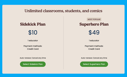 Image shows 2 subscription plans priced $10 per month and $49 per month.