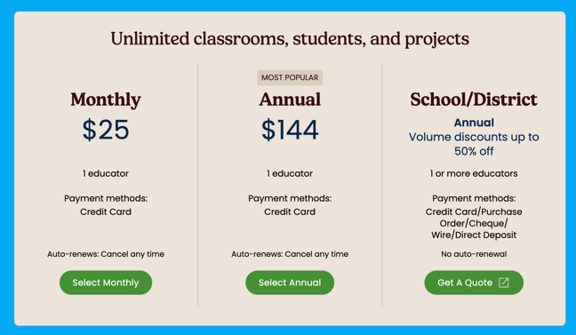 Screenshot showing Upgrade subscription options, Monthly subscription priced at $25 per month, Annual subscription priced at $144 per year or an School or District option. Subscriptions are auto-renewal and can be cancelled at any time.