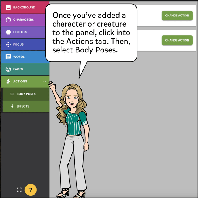 Once you've added your character to the panel, click into the Actions tab. Then, click on Body Poses below it.