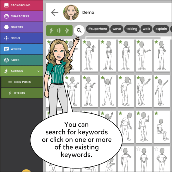 You can search for keywords by clicking on the search bar icon at the top of the poses or select on of the pre existing keywords to the right.