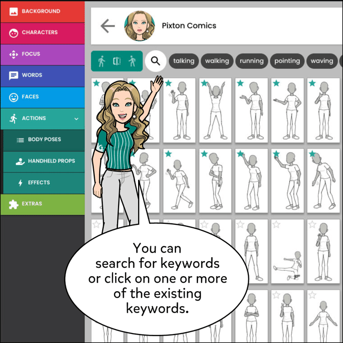 You can search for keywords by clicking on the search bar icon at the top of the poses or select on of the pre existing keywords to the right.
