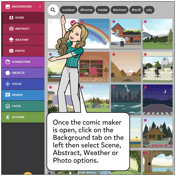 Once the comic maker is open, click on the Background tab on the left then select Scene, Abstract, Weather or Photo options.