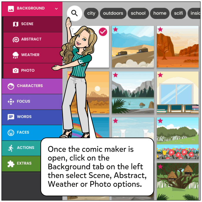 Once the comic maker is open, click on the Background tab on the left then select Scene, Abstract, Weather or Photo options.
