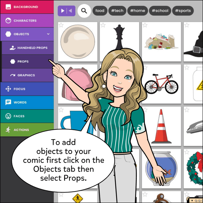 To add objects to your comics first click on the Objects tab then select the Props option.