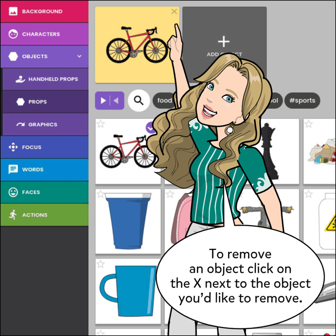 To remove an object click on the X at the top right of the object in the comic maker.