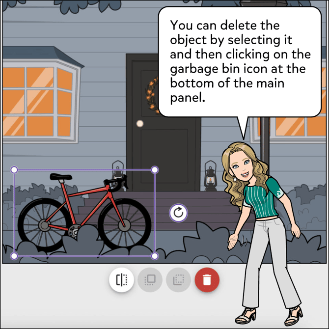 You can also delete the object by clicking on it and then clicking on the garbage bin icon at the bottom of the main panel.