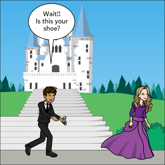 Image shows Cinderella inspired image with a character holding a glass shoe. The character says "Wait! Is this your shoe?"