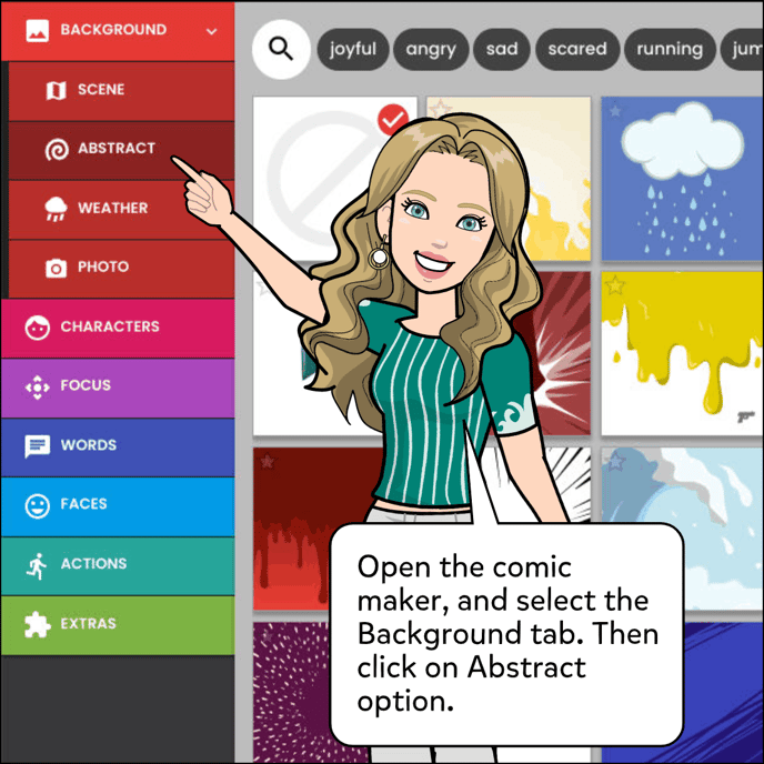 Open the comic maker, and select the Background tab. Then click on the Abstract option.
