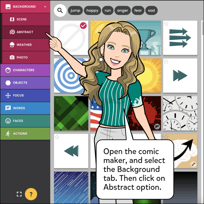 Open the comic maker, and select the Background tab. Then click on the Abstract option.