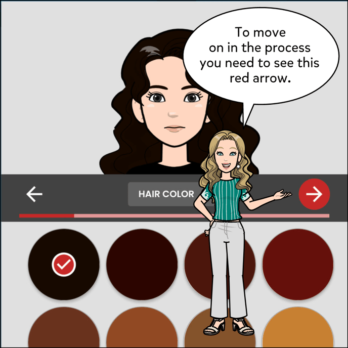 To move on in the process while creating your avatar, you need to see the red arrow.