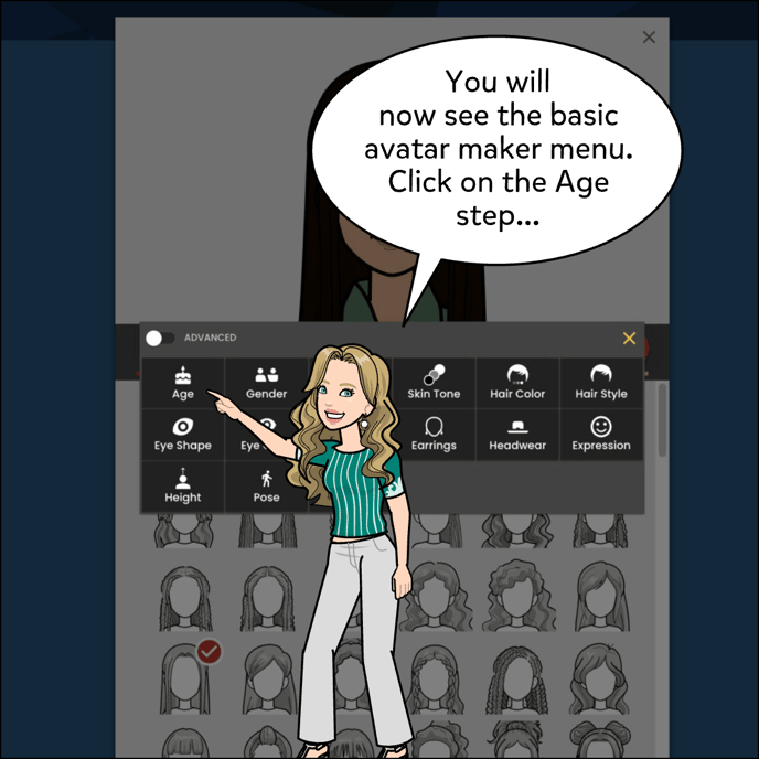 You will now see the basic avatar maker menu. Click on the Age step...