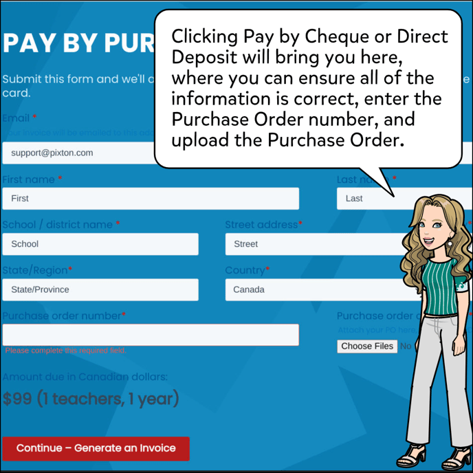Clicking Pay By Check or Direct Deposit will open a form with the information entered when you generated the quote. You'll need to double check the information, upload a purchase order and enter the purchase order number.