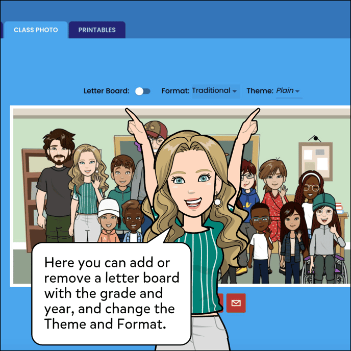 You can add or remove a letter board with the grade and year, change the Theme or Format of the class photo by clicking on the menus at the top of the class photo.