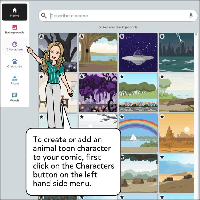 To create or add an animal toon character to your comic, first click on the Characters button on the left hand side menu.