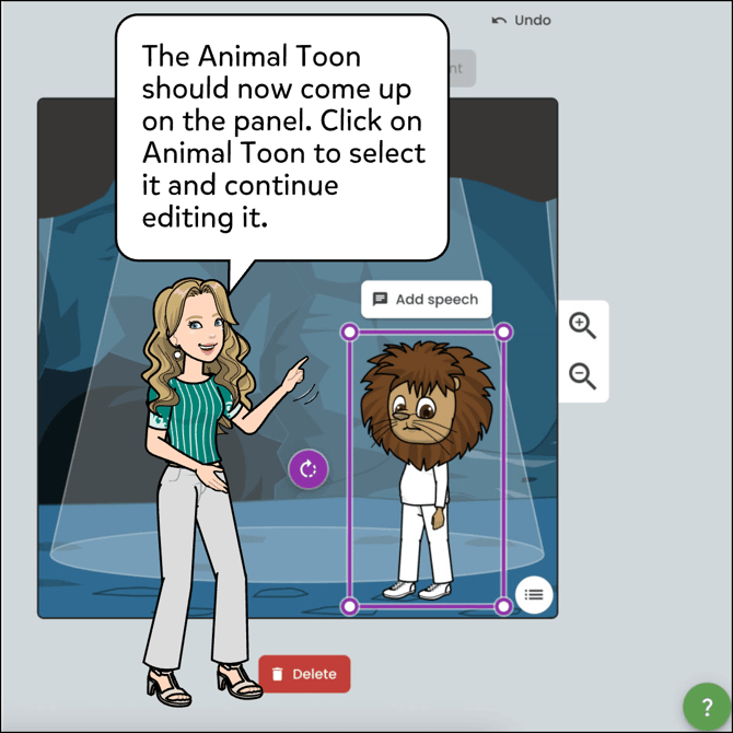 Click on the toon animal of your choice to add it to the panel. Click on the toon to select it to continue editing it.