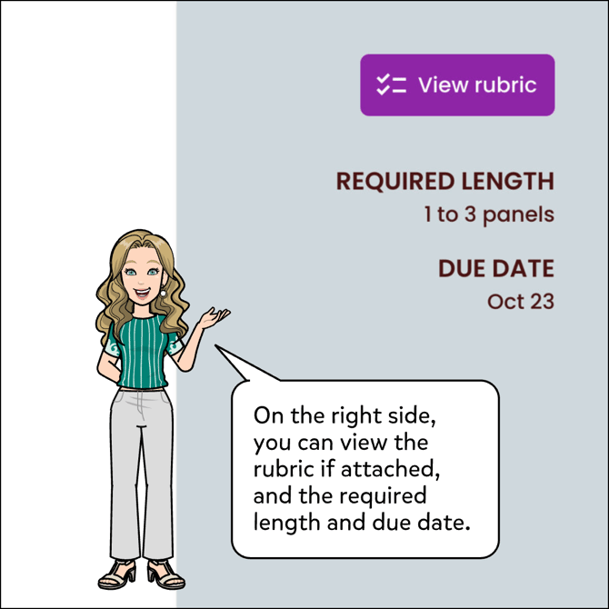 On the right side, you can view the rubric if attached and the required lenggth and due date.