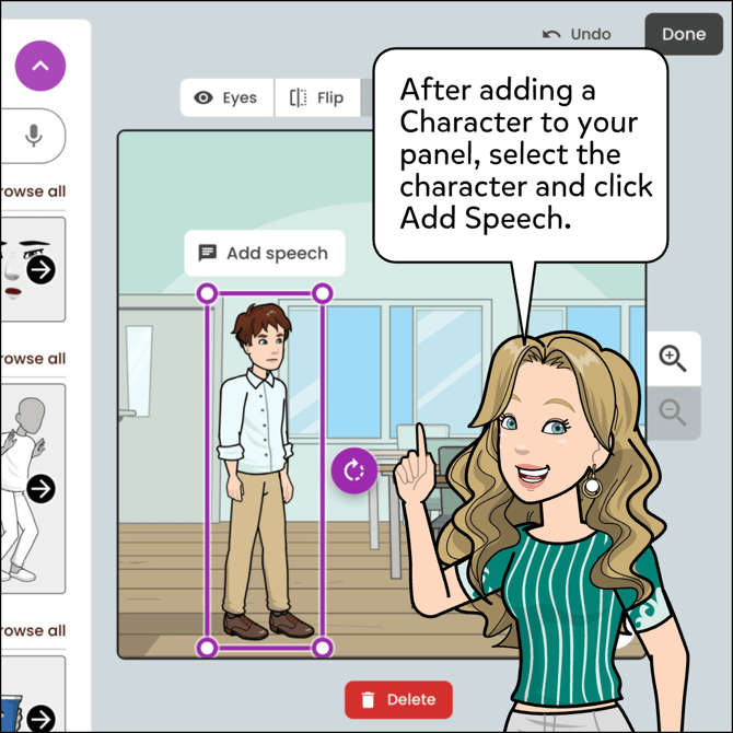 After adding a Character to your panel, select the character and click Add Speech.