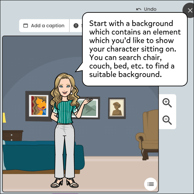 Start with adding a background that contains an element which you'd like to show your character sitting on. You can search chair, couch, bed, etc. to find a suitable background.