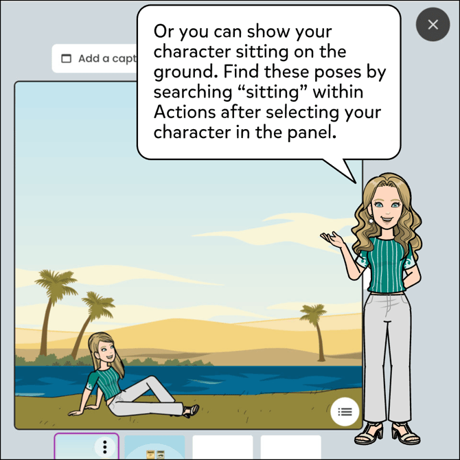 Or you can show the character sitting on the ground. Find these poses by searching "sitting" within Action after selecting your character in the panel.