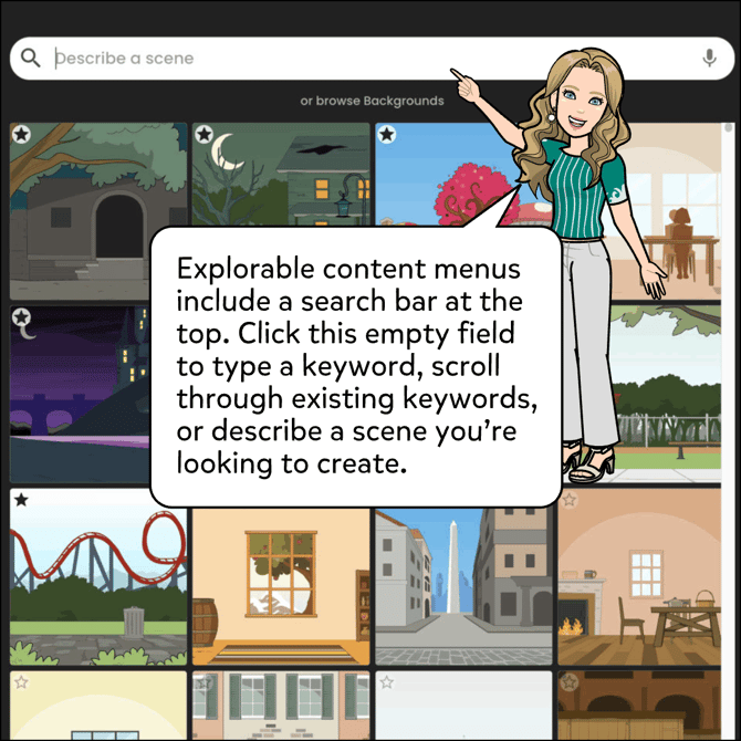 Explorable content menus include a search bar at the top. Click this empty field to type a keyword, scroll through existing keywords, or descrive a scene you're looking to create.