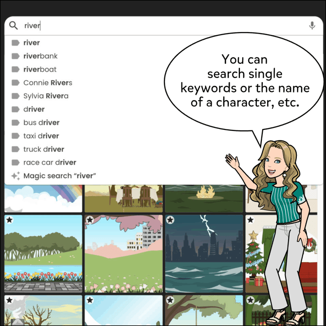 You can search single keywords or the name of a character.
