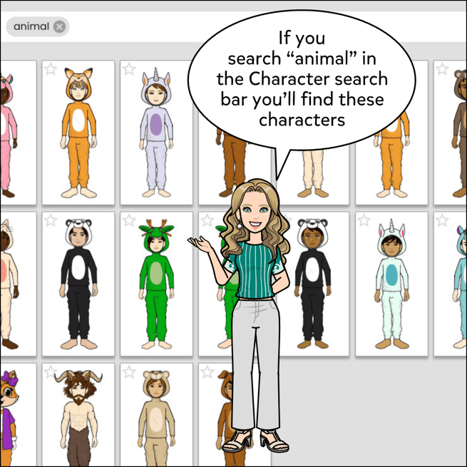 If you search "animal" in the Character search bar, you'll find human characters wearing animal onesies.