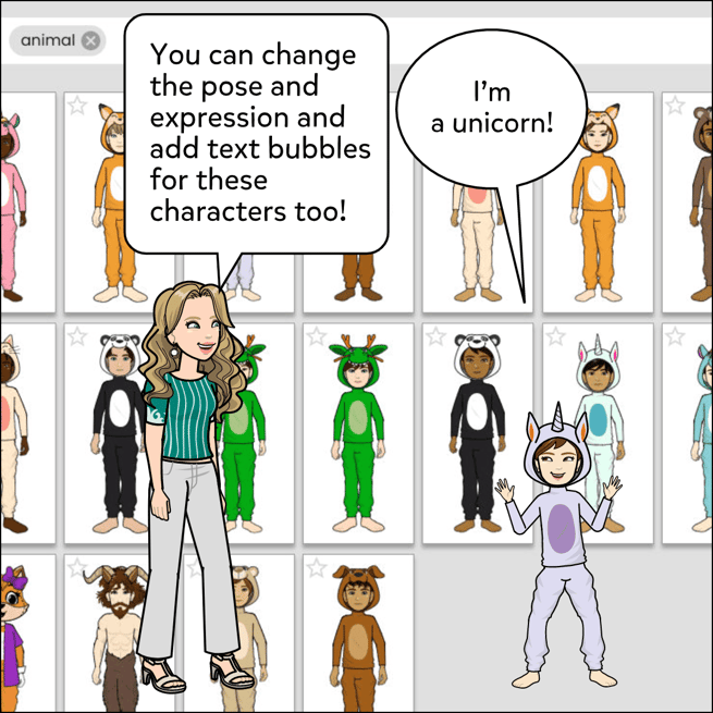 You can change the pose and expression and add text bubbles for these characters too! Image shows a child wearing a unicorn onesie, saying "I'm a unicorn!"