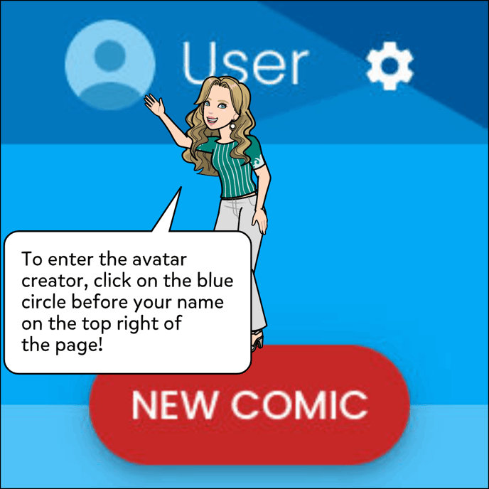 To enter the avatar creator, click on the blue circle before your name on the top right of the page!