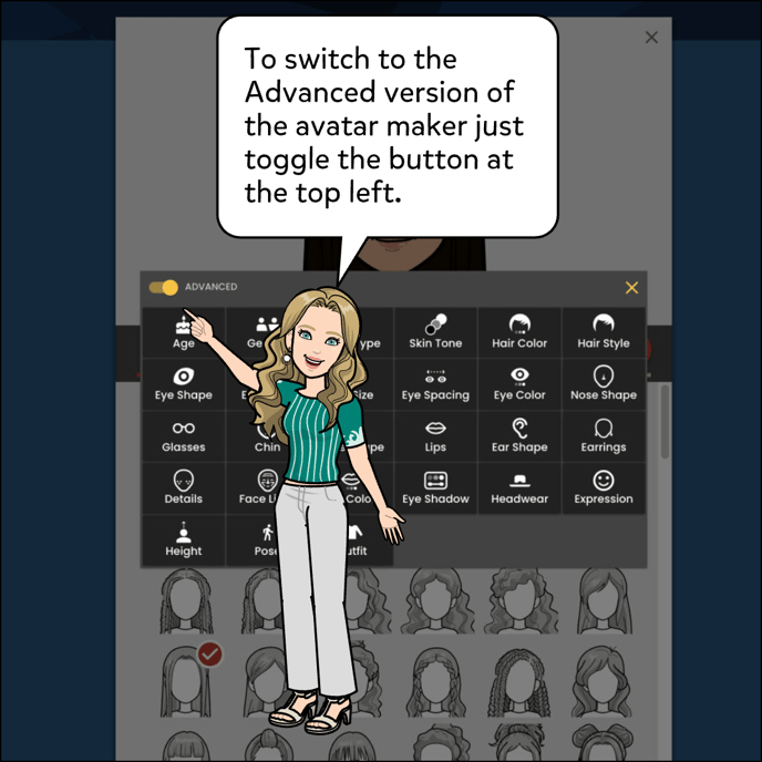 To switch to the Advanced version of the avatar maker just toggle the button at the top left.
