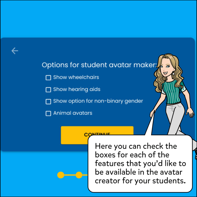Image shows options for student avatar maker, includes Show Wheelchair Show Hearing Aids and Show Option for Non-Binary Gender and Animal avatars