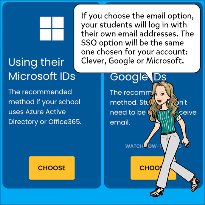 If you choose the email method, your students will login with their own email addresses. The SSO option will be the same one chosen for your account: Clever, Google, Microsoft.