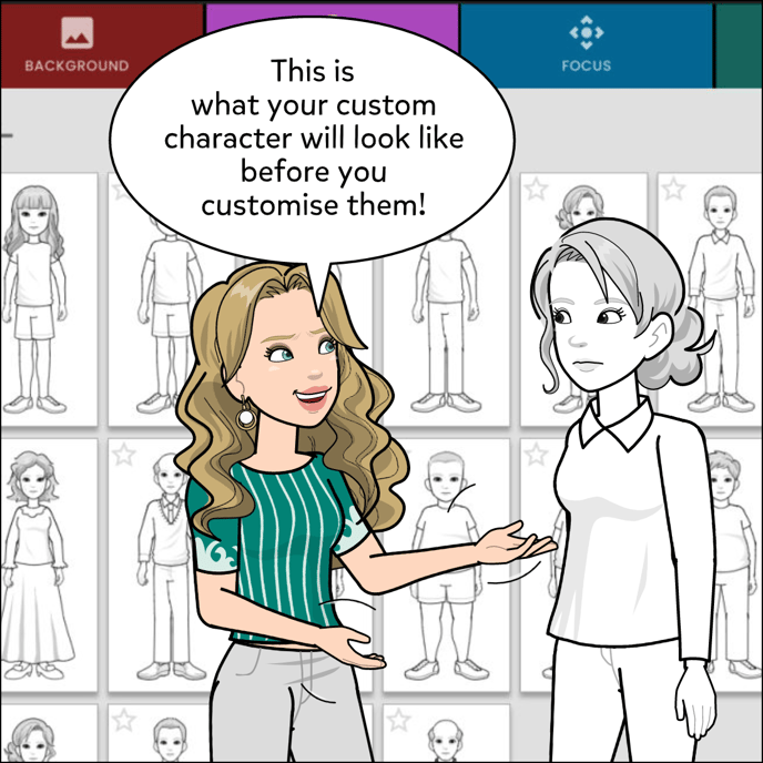 Your custom character will look like they're in a coloring book before you customize them, with no skin tone or hair color selected.