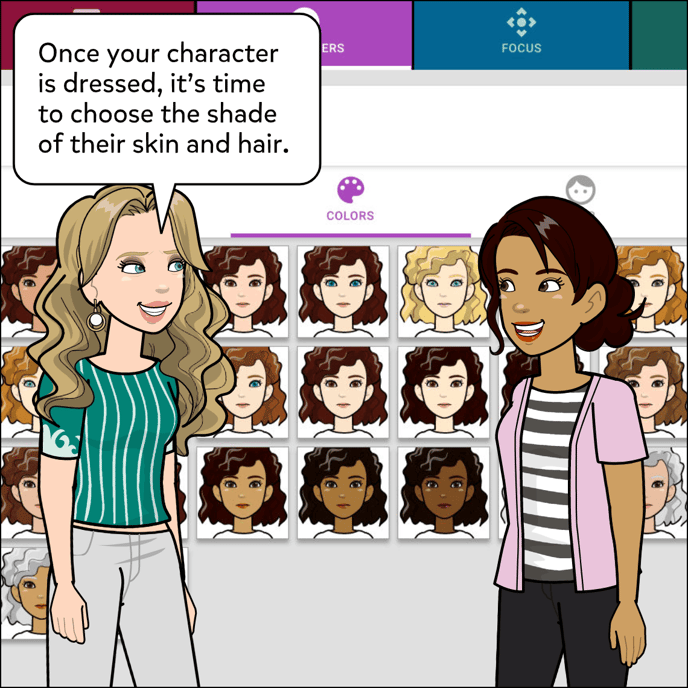 Once your character is dressed, it's time to choose the shades of their skin and hair.