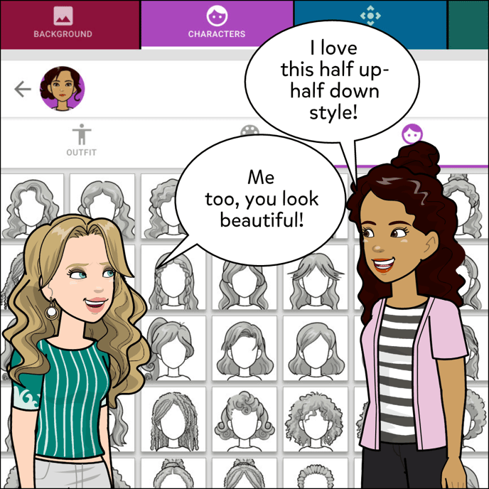 Image shows two characters talking. "I love this half-up half-down style!" "Me too, you look beautiful!"