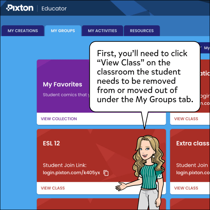 First you'll need to click View Class on the classroom the student needs to be removed from or moved out of.