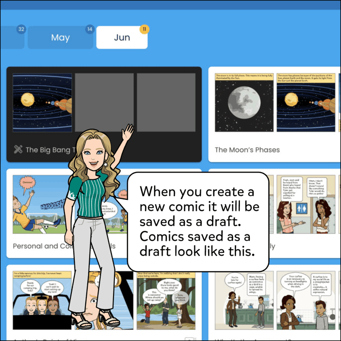 When you create a new comic it will be saved as a Draft. Comics saved as a draft have a black background.