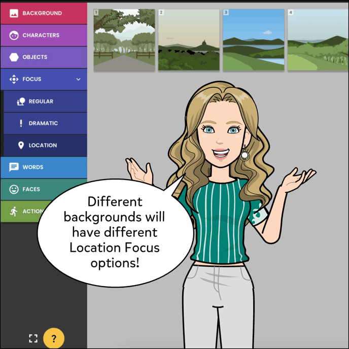 Different backgrounds will have different Location Focus options. Image shows a forest landscape.