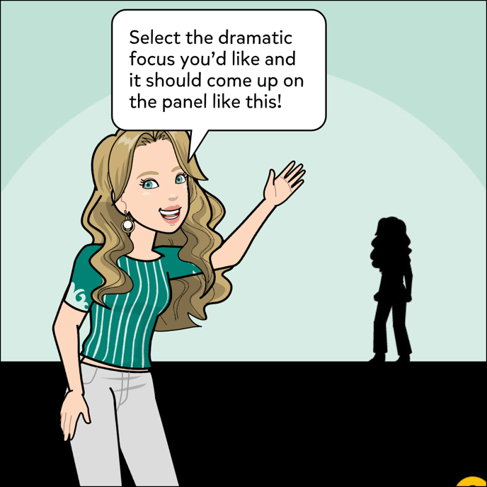 Select the dramatic focus you'd like and it should come up on the panel in the comic maker. Image shows a dark silhouette standing on a green background.