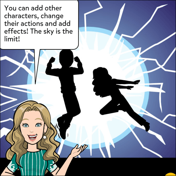 You can add other characters, change their actions and add effects. The sky's the limit! Image shows two dark silhouettes battleing in front of an electrical explosion background effect.