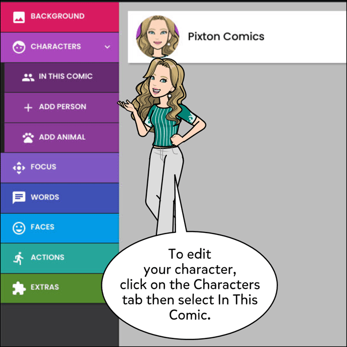 To edit your character, click on the Characters tab then select In This Comic.