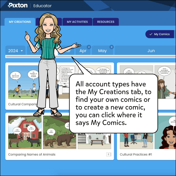 All account types have the My Creations tab, to find your own comics or to create a new comic you can click where it says My Comics.